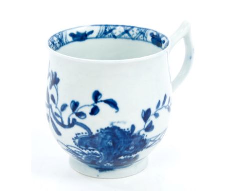 Mid-18th century Worcester blue and white Warbler pattern bell-shaped coffee cup with wishbone handle, circa 1758 CONDITION R