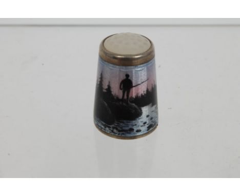 Norwegian silver gilt thimble with enamelled fishing scene, interior stamped - 925S Norway CONDITION REPORT General overall c