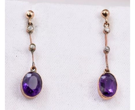 Pair Edwardian amethyst and diamond pendant earrings with oval mixed cut amethysts and rose cut and old cut diamonds CONDITIO