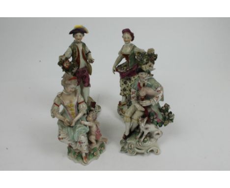 Pair 18th century Derby figure candlesticks modelled as gardeners, 23cm, two other Derby figures - shepherd and lady with Cup
