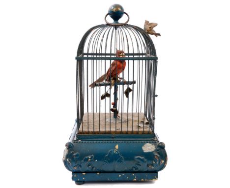 Late 19th / early 20th century singing bird automaton - the red cardinal bird seated on a perch singing and articulated at th