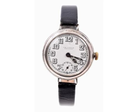First World War period gentlemen's silver wristwatch, retailed by J. W. Benson, London, with white enamel dial and subsidiary