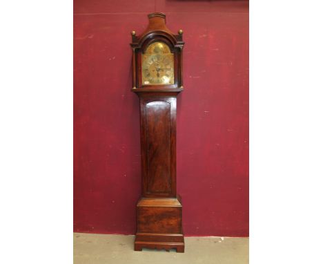 18th century longcase clock with eight day movement, 12 inch brass breakarch dial, face mask spandrels, ringed winding holes,