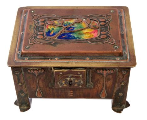 Arts & Crafts copper and enamel casket in the manner of Liberty & Co., the hinged top with coloured enamel inset cartouche wi
