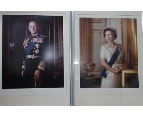 HM Queen Elizabeth II and HRH The Duke of Edinburgh - pair signed Royal Presentation portrait photographs of The Royal Couple