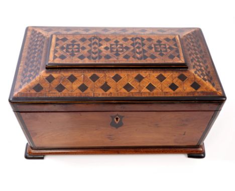 Good quality early Victorian yew wood, Kingwood, ebony, rosewood, sycamore and harewood parquetry tea caddy of tapered sarcop