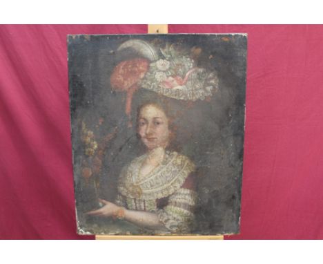 18th century Spanish School oil on canvas - portrait of a noblewoman in ornate lace-trimmed dress and highly floral hat, labe