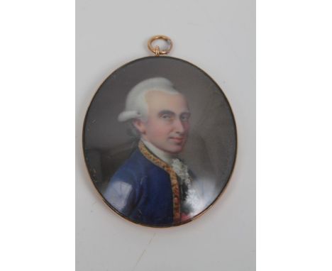 Fine quality 18th century portrait miniature of a noble gentleman in powdered wig, wearing a blue coat, in oval glazed gold f