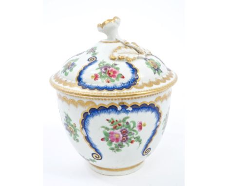 Rare 18th century Worcester Sèvres-style sucrier and cover with moulded floral knop, polychrome painted floral decoration wit