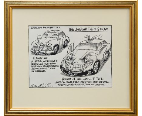 Peter Brookes (b. 1943), pen and ink illustration - The Jaguar Then & Now, signed and dated 21 x 98, Chris Beetles label vers