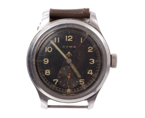 Second World War Cyma W.W.W. wristwatch, the circular black dial with subsidiary seconds at 6 o'clock position, white Arabic 