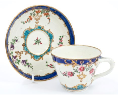 18th century Worcester Royal Marriage pattern ogee tea cup and trembleuse saucer - blue crescent marked, circa 1770 CONDITION