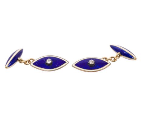 Pair antique diamond and enamel cufflinks with navette-shape plaques centred with an old cut diamond in collet setting, on a 