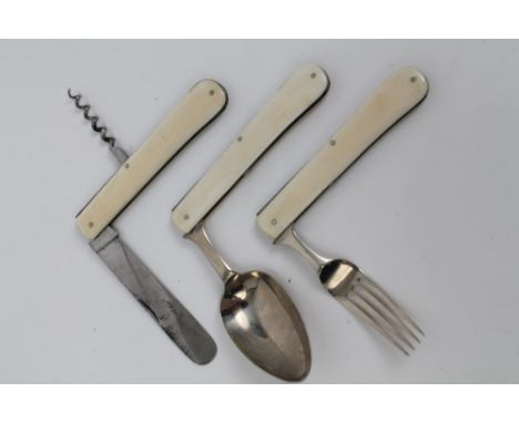 Good quality 19th century ivory mounted campaign cutlery set - comprising folding knife, fork and spoon, the spoon stamped fo