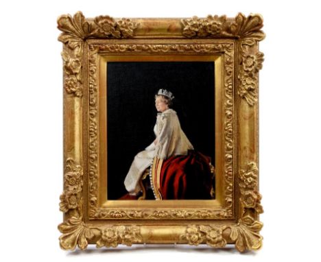 *Richard Stone (born 1951) oil on board, figure study for a portrait of Her Majesty Queen Elizabeth II wearing state robes an