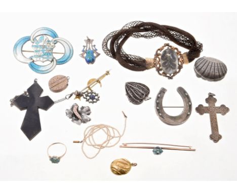 Victorian hair work bracelet, Victorian inlaid petra dura cross pendant, Edwardian silver and enamel pendant and various cost