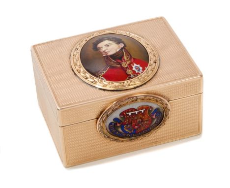 Fine gold box decorated with an enamel portrait of HRH Prince George - The Prince Regent after Sir Thomas Lawrence and the Ro