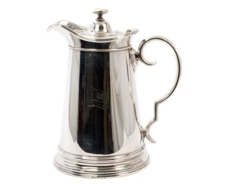 Large and impressive late Victorian Elkington Plate pitcher of tapering cylindrical form, with reeded rim and scroll handle, 