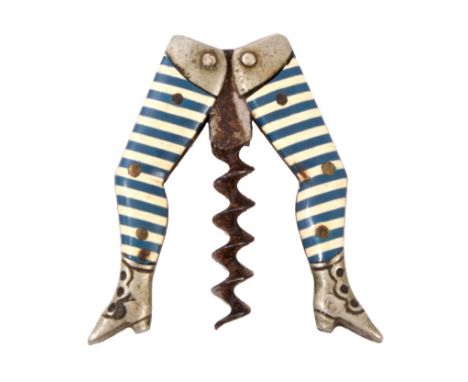 Early 20th century novelty folding corkscrew in the form of a ladys' legs, with blue and white stockings, 5cm long CONDITION 