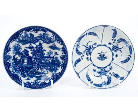 18th century Worcester blue and white coffee cup and saucer with printed chinoiserie decoration and another Worcester saucer 