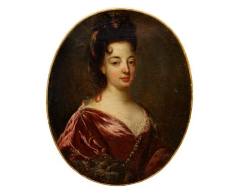 Follower of Alexis Simon Belle (1674 - 1734), oval oil on canvas - portrait of a noblewoman with jewelled hair piece and lace