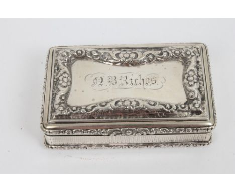 Fine quality Victorian silver snuff box of rectangular form, with engine-turned decoration and raised foliate borders, hinged