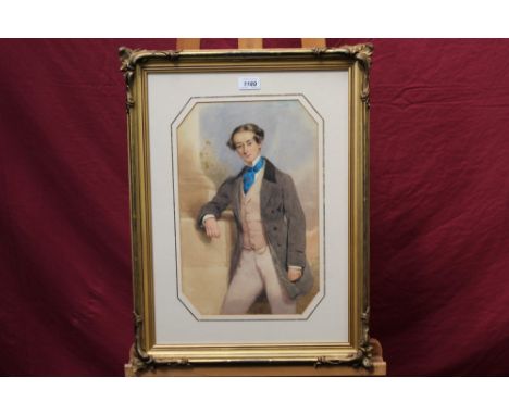 Francois Théodore Rochard (1798 - 1858), watercolour portrait of Arthur Macnaghten leaning before a pillar, signed, label ver