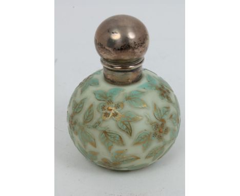 Victorian Stevens & Williams cameo glass scent flask with gilt and pale blue floral decoration and silver screw-top (hallmark