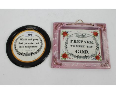 19th century Staffordshire circular plaque - 'Watch and Pray that ye enter not into Temptation', with black and yellow rim, 1
