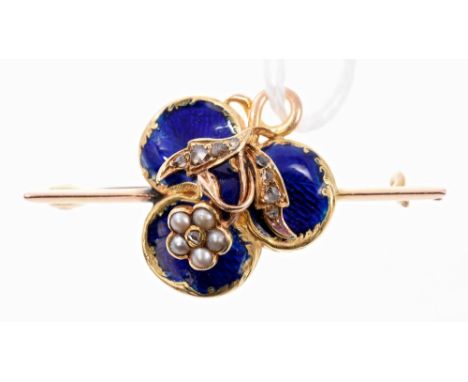 Victorian diamond seed pearl and blue enamel brooch with applied forget-me-not on a blue enamel clover leaf with glazed compa