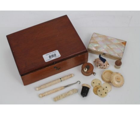 Collection of 19th century sewing accessories and other vertu items - including two carved ivory bodkin cases, cased ivory ca