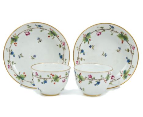 Scarce pair of early 19th century Dutch Amstel porcelain (1784-1809) tea bowls and saucers finely enamelled with sprigs of po