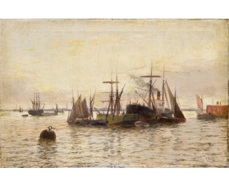 Edwin H. E. Fletcher (1857 - 1945), oil on canvas - Thames Morning, signed, inscribed verso, unframed, 50.5cm x 76cm CONDITIO