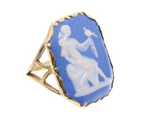 Antique gold and enamel ring, the octagonal enamel plaque with classical figure on blue ground, in yellow metal mount, marked