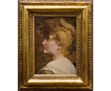 Circle of Frederick, Lord Leighton (1830 - 1896), oil on canvas - a head and shoulder portrait of a young lady, in gilt frame