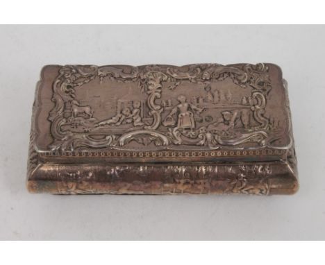 19th century silver box of bombe form, with raised hunting scene border and biblical scene to base, hinged cover with embosse