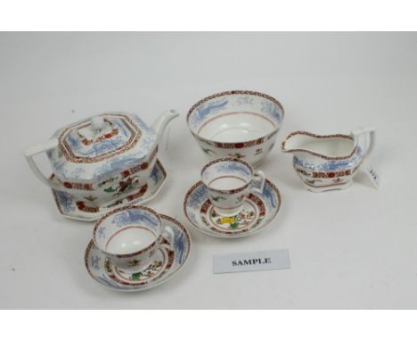 Early 19th century Spode teaware with blue and white hoho bird and Kakiemon gilt, red and green floral decoration - comprisin