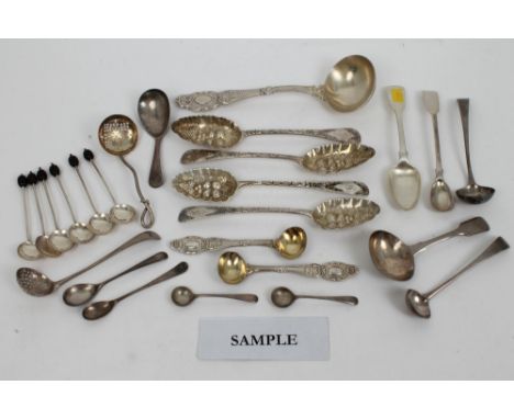 Selection of miscellaneous Georgian / Victorian and later silver and silver plated flatware - including two pairs berry spoon