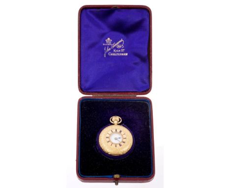 Late Victorian ladies' gold (18ct) fob watch with three-quarter plate button-wind movement, signed - 'John Simmons, Cheltenha