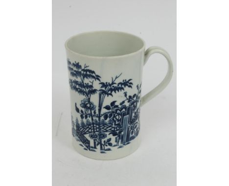 18th century Worcester blue and white 'Plantation pattern' tankard of cylindrical form with loop handle - blue crescent mark,