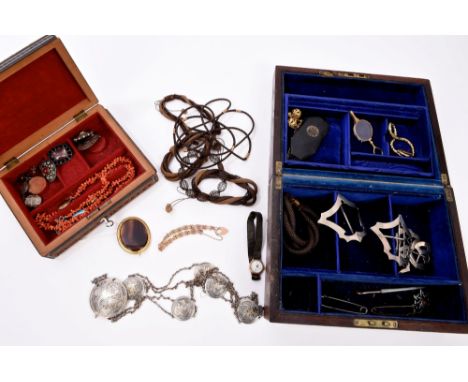 Two antique jewellery boxes containing collection of Regency and Victorian hair work jewellery, Georgian mourning brooch date