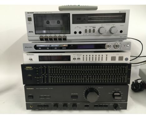 A collection of vintage hi fi equipment including a Technics SU-V560 amplifier, a Yamaha Q2031A Graphic Equalizer, Sony PS LX