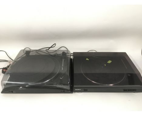 Two turntables comprising an Ion profile pro with CD and a Sony PS-LX25OH with manual.