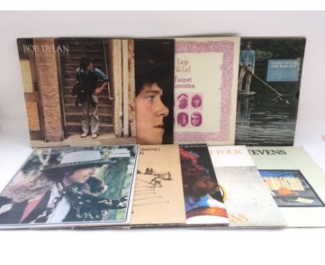 Nine folk rock LPs by various artists including Fairport Convention, Bob Dylan, James Taylor, Cat Stevens and Donovan.