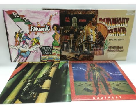 Five funk, soul and jazz LPs by various artists including Funkadelic, James Brown, Real Thing, Grover Washington Jr and Gil S