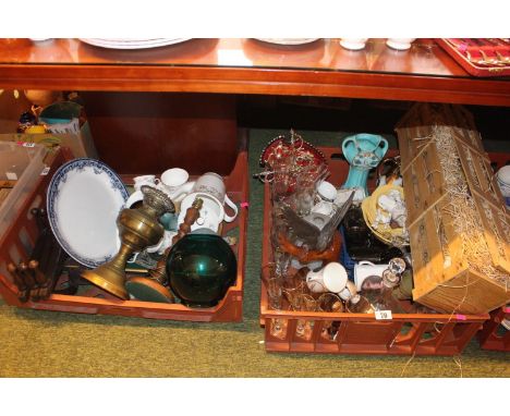 2 Large Trays of assorted glassware, ceramics and bygones inc. Cased end of day glass fish, Oil Lamp, Minton Fragrance patter