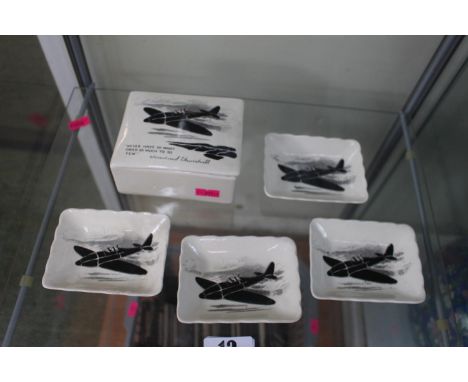 Interesting ceramic cigarette box with 4 matching trays decorated with Spitfire and verse 'Never have so many owed so much to