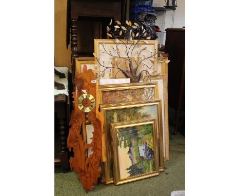 Collection of assorted Modern Prints and Paintings, Clock and a Metal wall decoration 