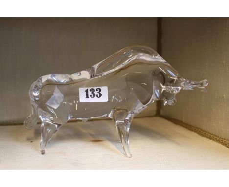 A V Nason &amp; C Murano glass model of a bull, modelled standing with head lowered, thick clear glass 