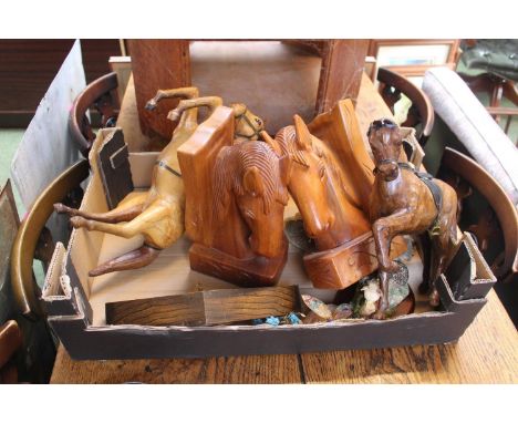 Pair of carved wooden horse bookends, 2 models of horses and an oak cased Mercedes mantel clock 